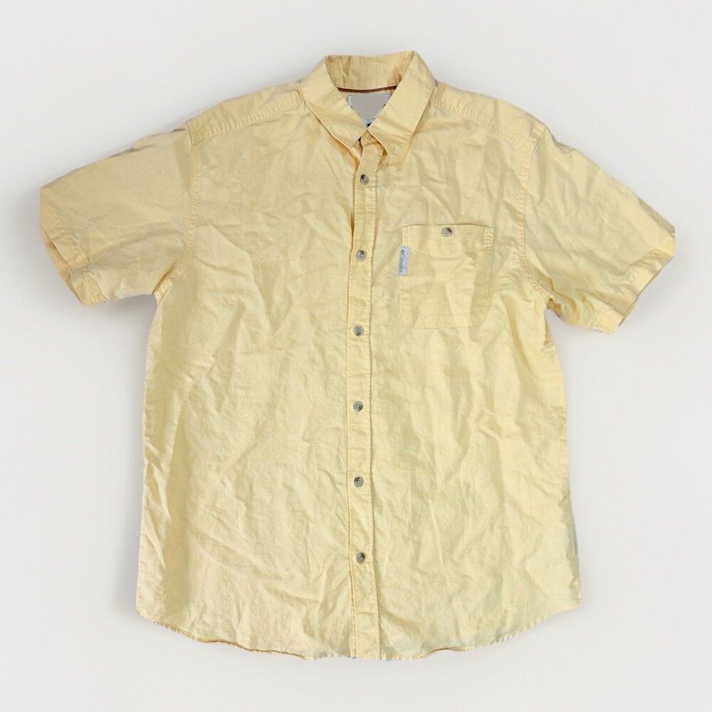 Columbia Men's Shirt Button Down Light Yellow Large Short Sleeve Fishing Sport